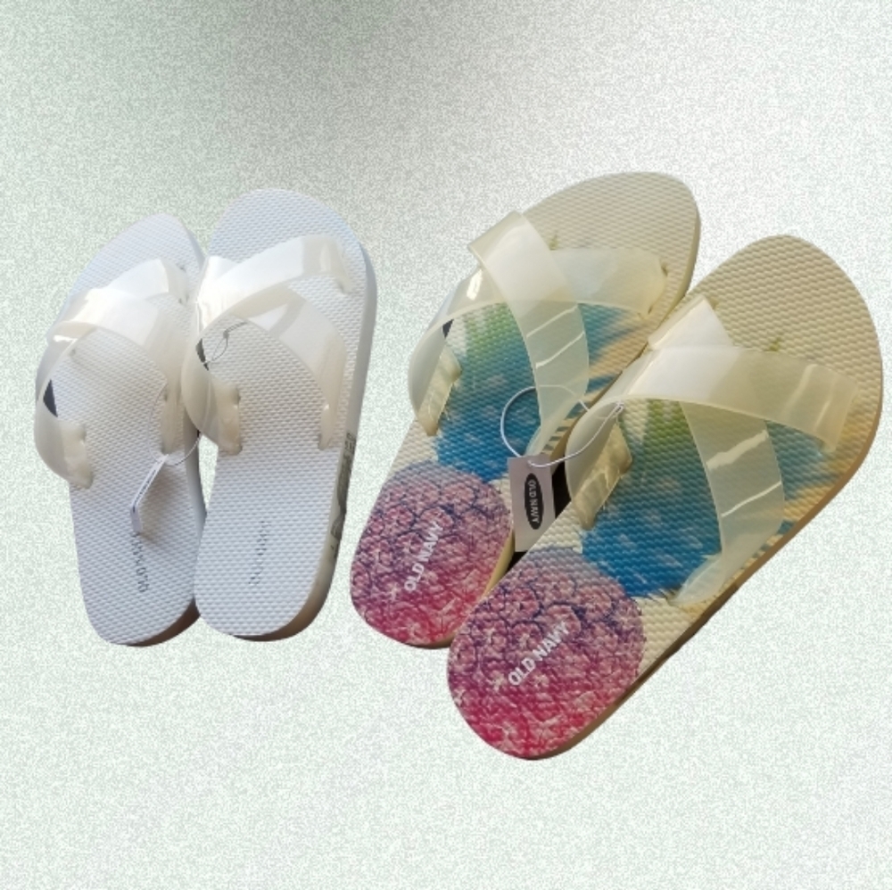 2 New Pairs of Old Navy Criss Cross Pineapple and White Slide Flip Flops